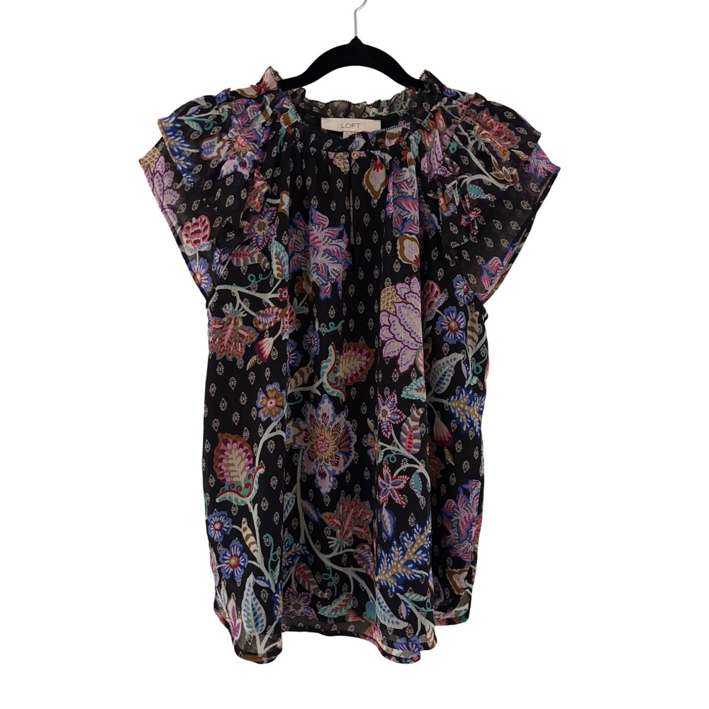 NWT LOFT Black Floral Paisley Ruffle Neck Cap Sleeve Blouse Top Small